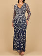 Lara 28870-  Long Sleeve Contrast Beaded Gown